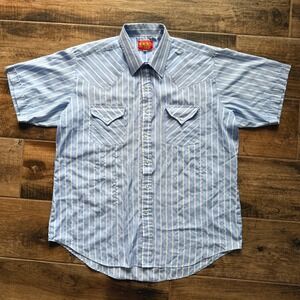 Ely Plains Vintage Western Striped Dobby Pearl Snap Cuffed SS Shirt,Blue Pink,XL